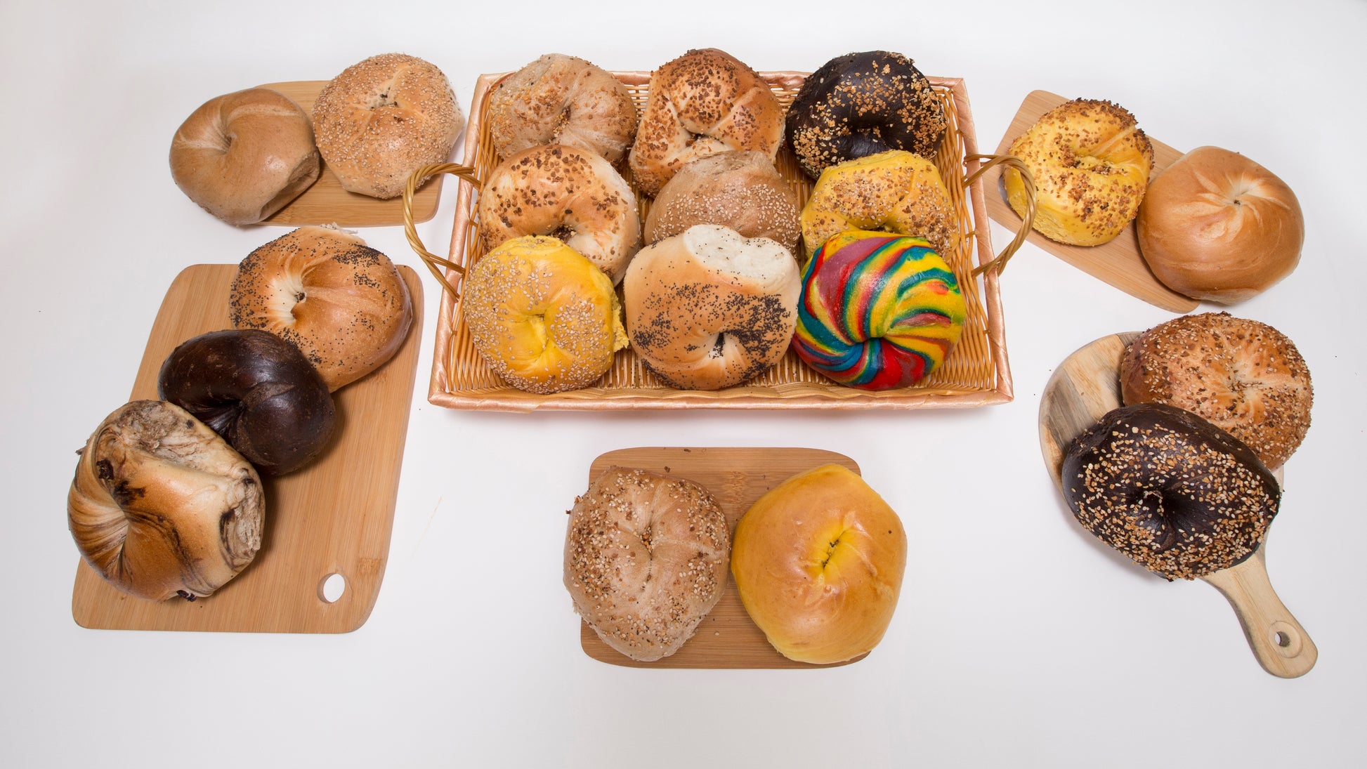 Bagels from Howard Beach Bagels presented in an elegant manner on a white backdrop